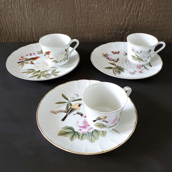 Vintage Stafford Chinese Garden Bird Floral China Saucer Tea Cup Set x 3